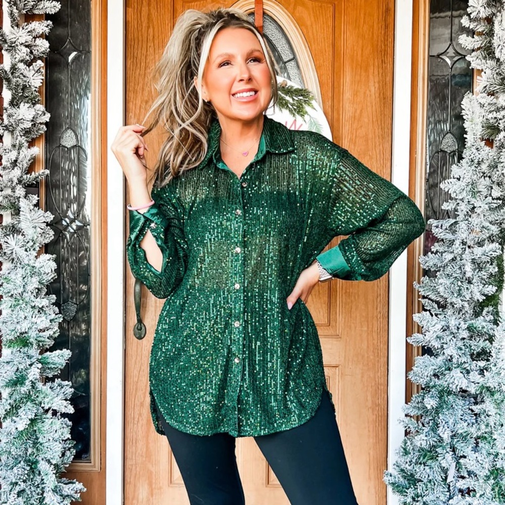 Green Sequin Button Down Shirt - image 2